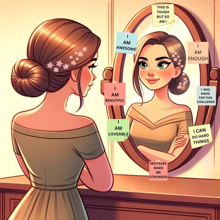 Perempuan tersenyum memeluk diri sendiri sebagai simbol mencintai diri atau self-love
