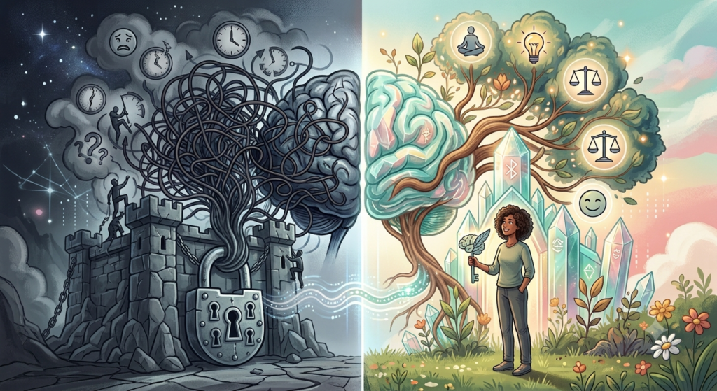 Ilustrasi seseorang yang sedang mengelola overthinking dan pikiran berlebihan.