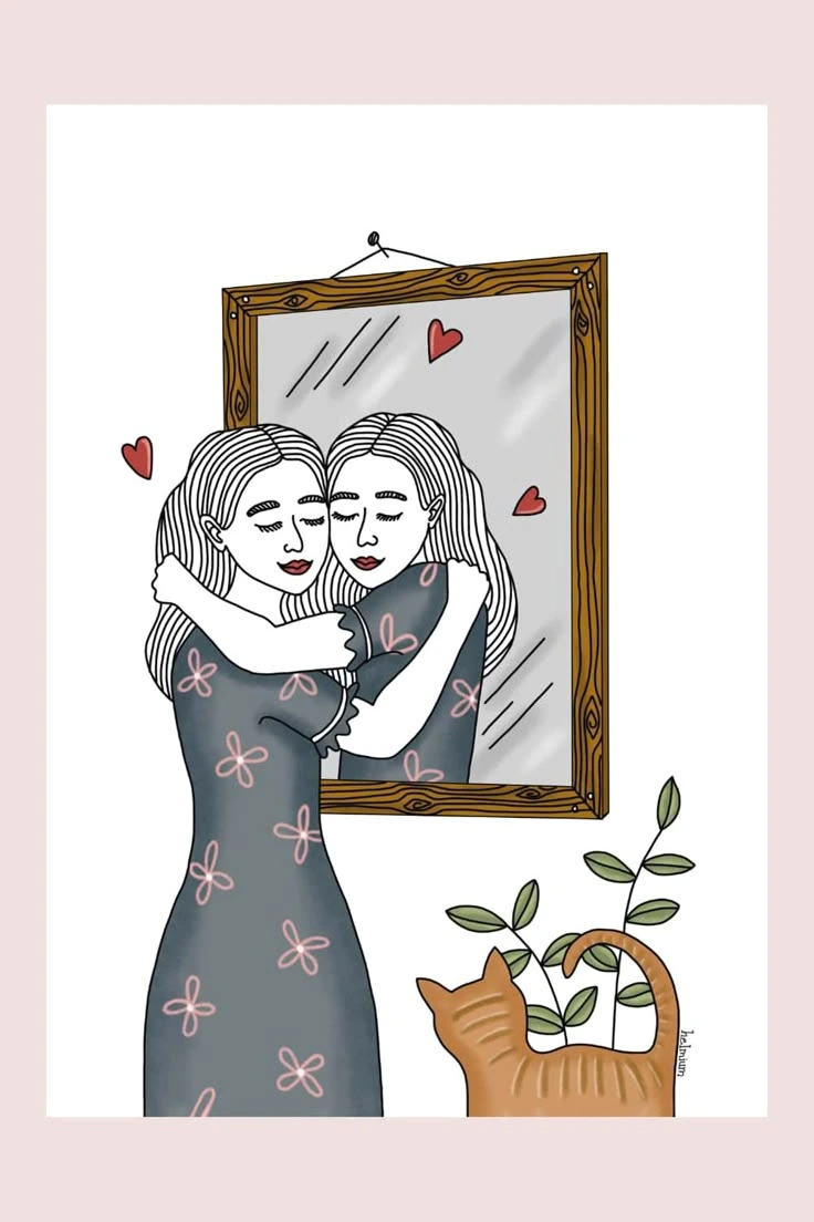 Perempuan tersenyum memeluk diri sendiri sebagai simbol mencintai diri atau self-love