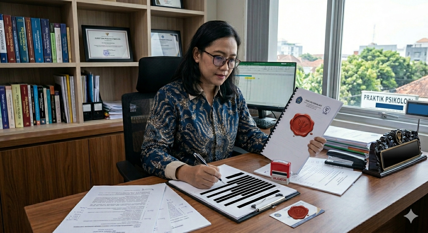 Psikolog praktisi melakukan expert judgement psikologi untuk instrumen skripsi.