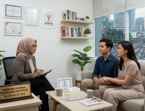 konseling pranikah terbaik dan terpercaya Psikolog di Sanara sedang melakukan konseling pranikah bersama pasangan yang hendak mempersiapkan pernikahan