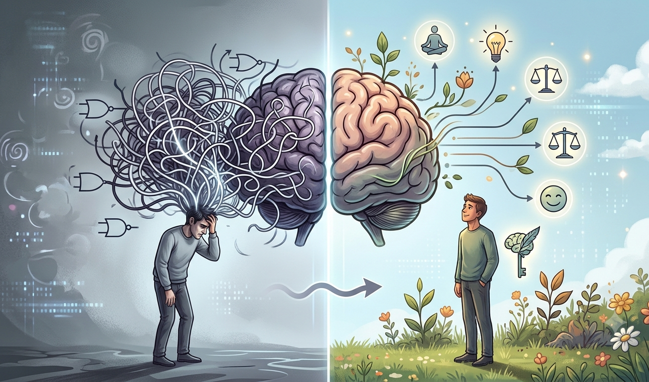 Ilustrasi seseorang yang sedang berusaha mengelola overthinking dan pikiran yang berlebihan.