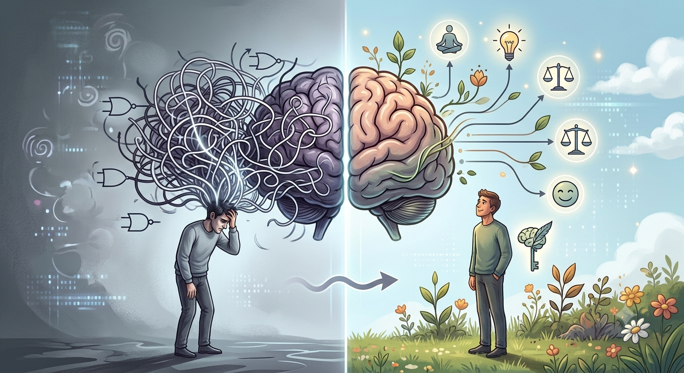 Ilustrasi seseorang yang sedang berusaha mengelola overthinking dan pikiran yang berlebihan.