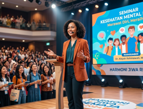 Narasumber psikologi menyampaikan seminar kesehatan mental kepada peserta remaja di sekolah atau kampus.
