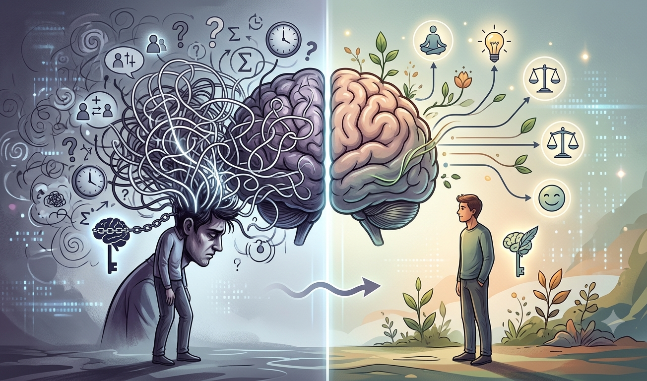 Ilustrasi seseorang yang sedang memikirkan banyak hal dan belajar mengelola overthinking secara lebih sehat.