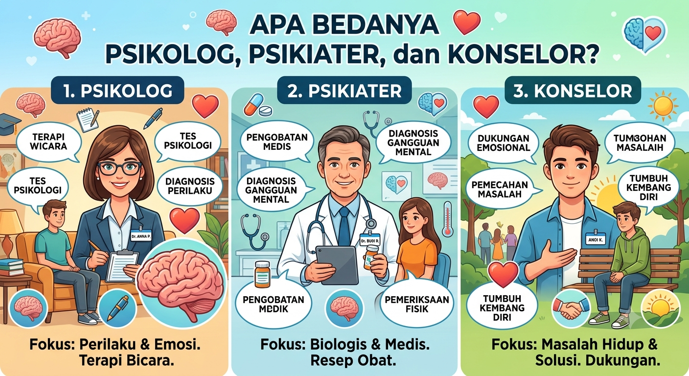 Perbedaan psikolog, psikiater, dan konselor dalam memberikan layanan
