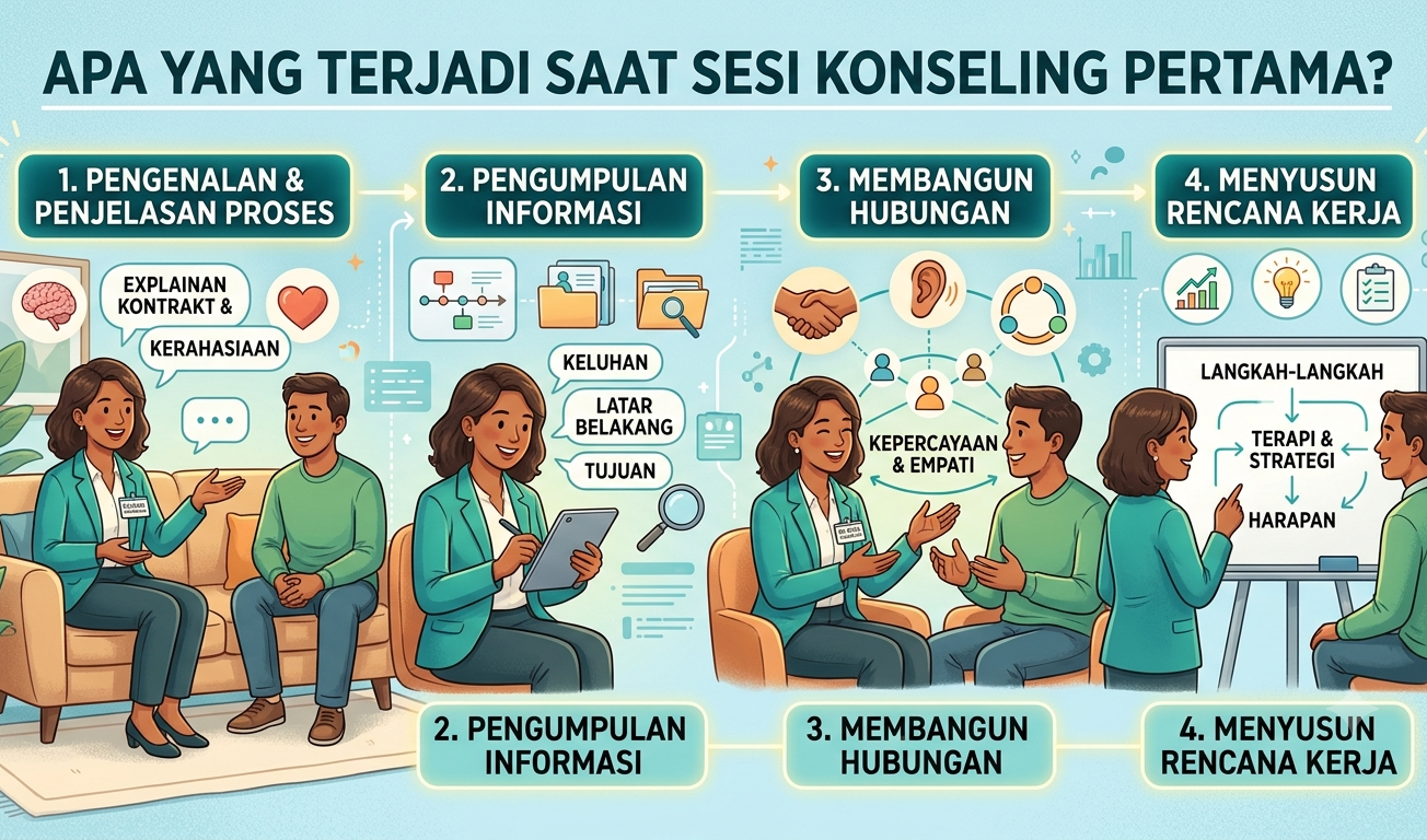 Ilustrasi sesi konseling pertama antara psikolog dan klien secara online.