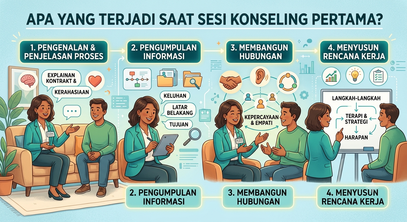 Ilustrasi sesi konseling pertama antara psikolog dan klien secara online.