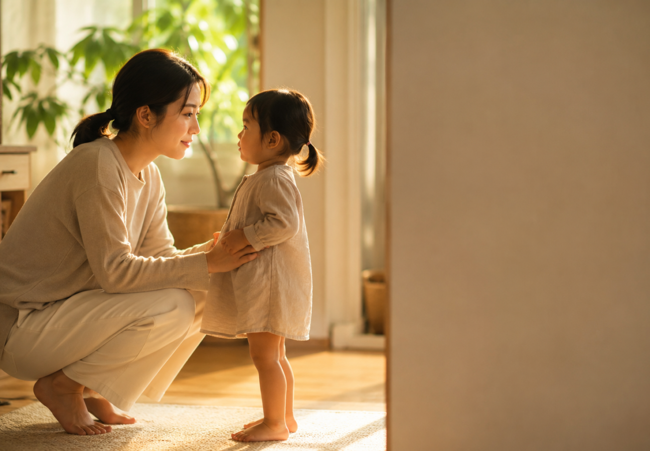 Ibu muda berlutut setinggi mata anak sambil menatap dengan lembut, menunjukkan apa itu gentle parenting dalam interaksi sehari-hari