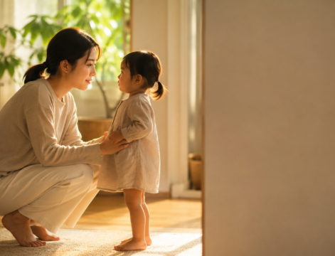 Ibu muda berlutut setinggi mata anak sambil menatap dengan lembut, menunjukkan apa itu gentle parenting dalam interaksi sehari-hari