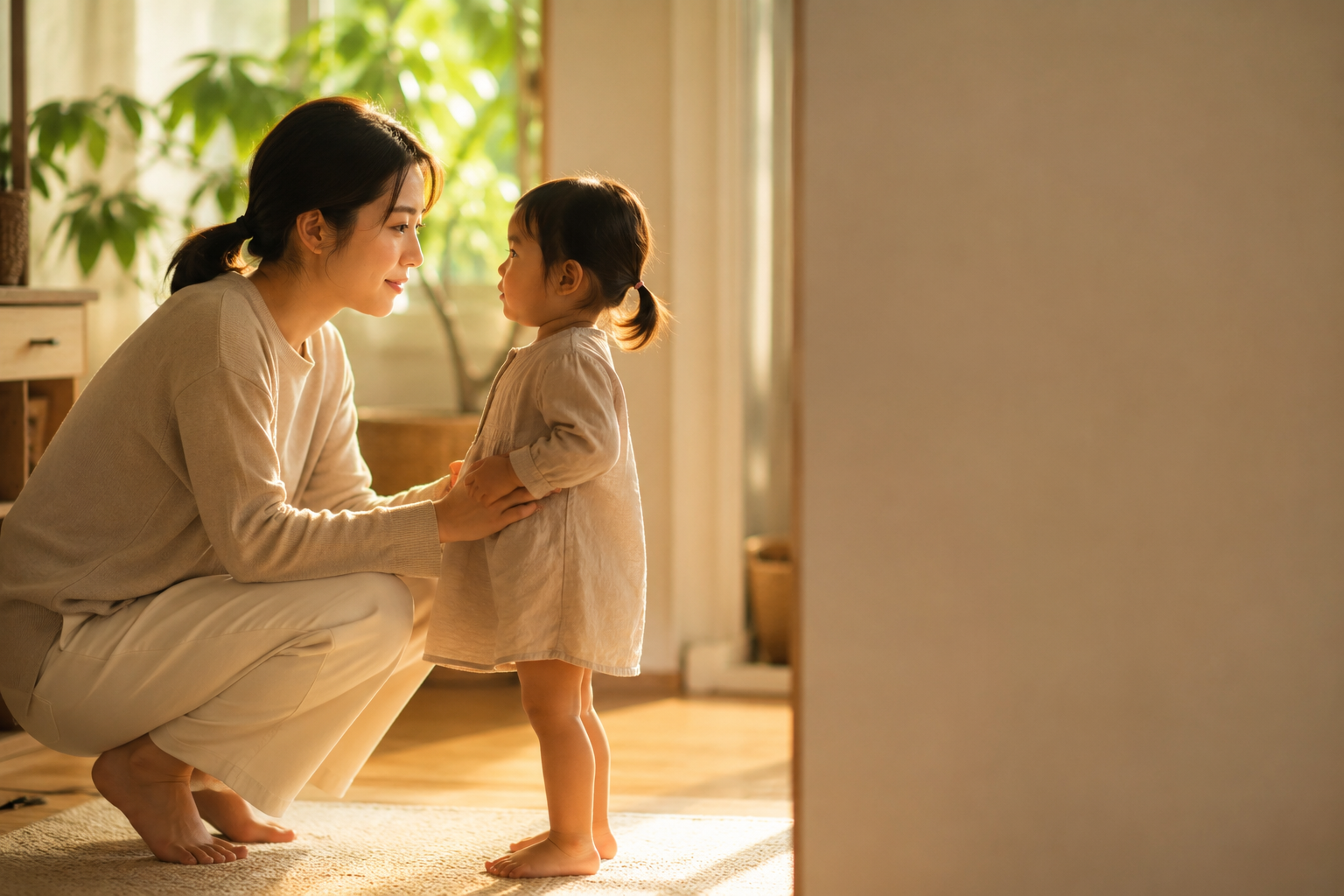 Ibu muda berlutut setinggi mata anak sambil menatap dengan lembut, menunjukkan apa itu gentle parenting dalam interaksi sehari-hari
