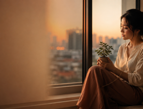 Wanita duduk sendiri di dekat jendela saat senja, merenungkan kapan harus menyerah dalam hubungan dengan ekspresi tenang dan penuh pertimbangan
