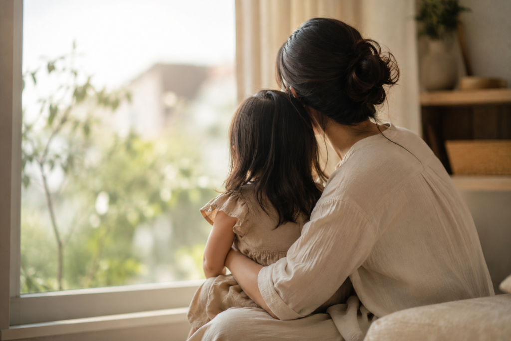 Ibu memeluk anak kecil dari belakang sambil menatap keluar jendela, menggambarkan prinsip gentle parenting yang menekankan koneksi emosional